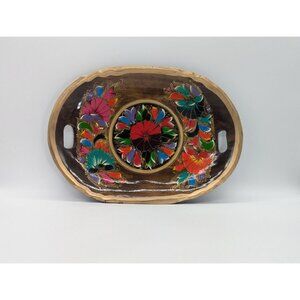 Hand-Painted Decorative Wooden Serving Tray With Colorful Floral Design